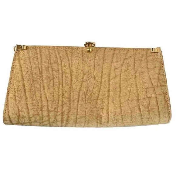 1980’s AFRICAN BUFFALO Skin Leather Tan CLUTCH w/ Gold Tone Hardware *Small Dent - Picture 1 of 7